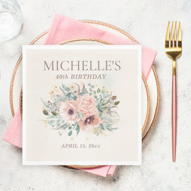 Rosa blomsterblad glitter 40-årsdag pappersservett (Blush pink floral and sage green leaves birthday party paper napkins)