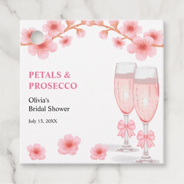 Rosa blomsterblad och Prosecco bröllopsdusch  Gåvor Etiketter (Framsida)