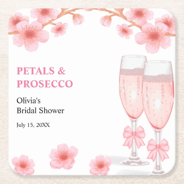 Rosa blomsterblad och Prosecco bröllopsdusch  Underlägg Papper Kvadrat (Framsidan)