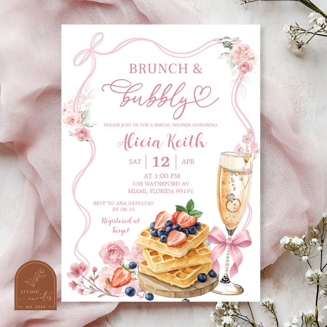 Rosa blomsterbröllopsbrunch med bubbel inbjudningar (Skapare uppladdad)