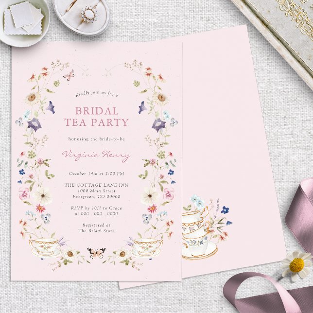 Rosa blomsterbröllopste-partaj inbjudningar (Elegant Pink Floral Bridal Tea Party Invitation with Butterflies by Painted Paperie
)