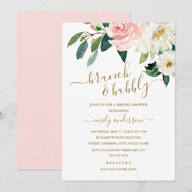 Rosa blomsterbrunch och bubbelbrudfest inbjudningar (Fram/baksida)