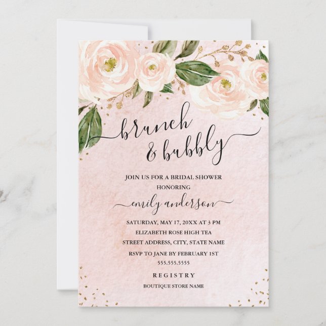 Rosa blomsterbrunch och bubblig bröllopsfest       inbjudningar (Framsida)