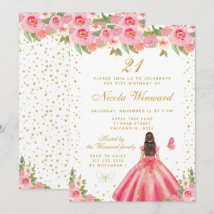 Rosa blomsterbrunett hår prinsessa födelsedagsfest inbjudningar
