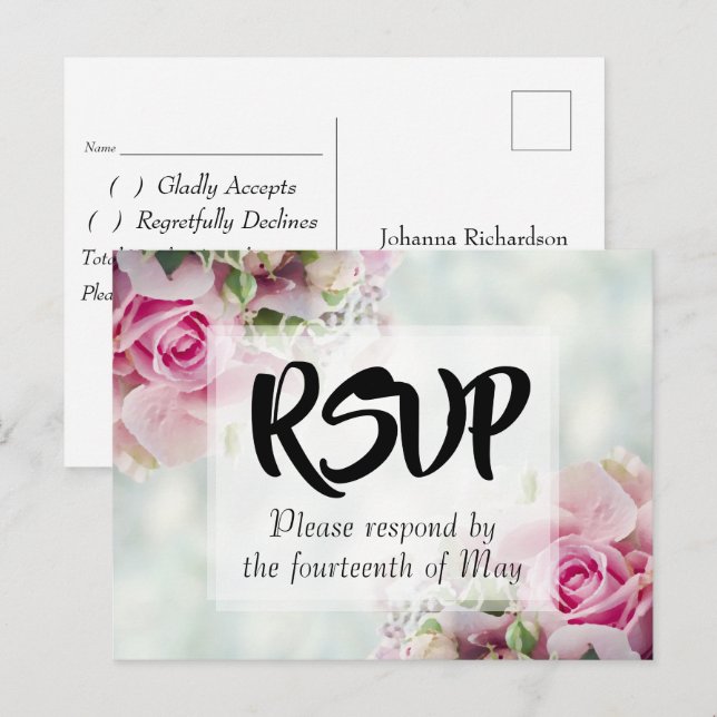 Rosa blomsterbukett bröllop RSVP Vykort (Fram/baksida)
