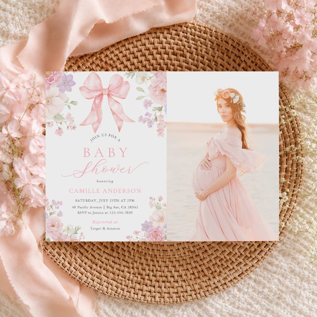 Rosa blomsterbukett för baby shower-fotot inbjudningar (Skapare uppladdad)