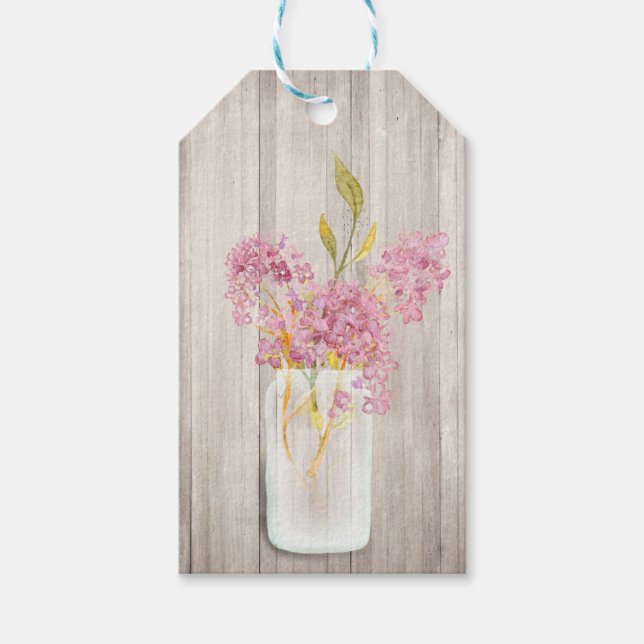 Rosa blomsterbukett i murarvas - rustika presentet presentetikett (Framsidan)