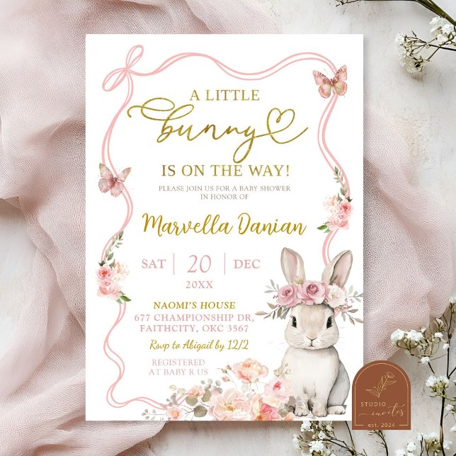 Rosa blomsterbukett liten kanin baby shower inbjudningar (Skapare uppladdad)