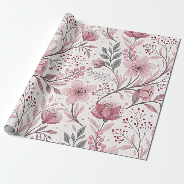 Rosa blomsterbukett med bärdetaljer presentpapper (Utrullad)