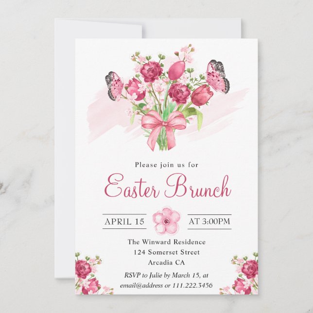 Rosa blomsterbukett och fjärilar påskbrunch inbjudningar (Framsida)