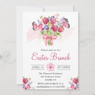 Rosa blomsterbukett och fjärilar påskbrunch inbjudningar