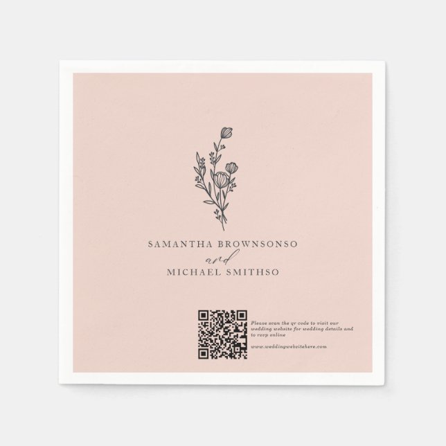 Rosa blomsterbukett Qr-kod bröllopsdag Pappersservett (Framsidan)