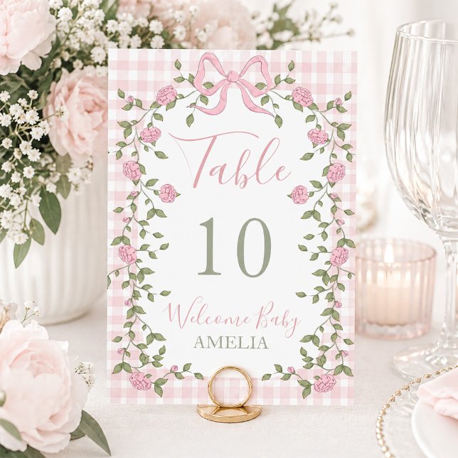 Rosa blomsterbuketter och gingham-rutor bordsnummer (Pink Bow Floral Vines and Gingham Table Number)