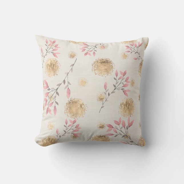 Rosa blomsterbuketter och guldstänkprickar på vit  kudde (Framsida)