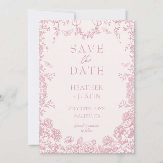 Rosa blomsterdammig blå bröllop Save The Date-kort Spara Datumet (Framsida)