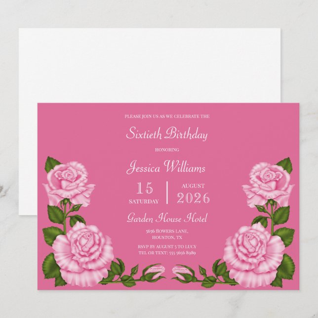 Rosa Blomsterdekoration 60-årsdag Inbjudningar (Fram/baksida)