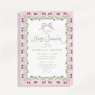 Rosa blomsterdekoration med sneddad ram för baby s inbjudningar