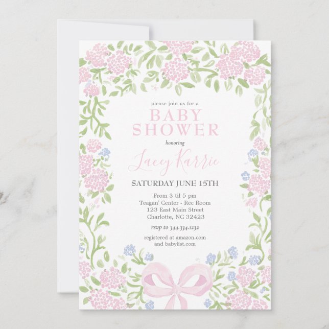 Rosa blomsterdocka för baby shower-inbjudan,  inbjudningar (Framsida)
