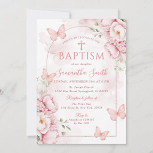 Rosa blomsterdopinvitation med fjärilar inbjudningar