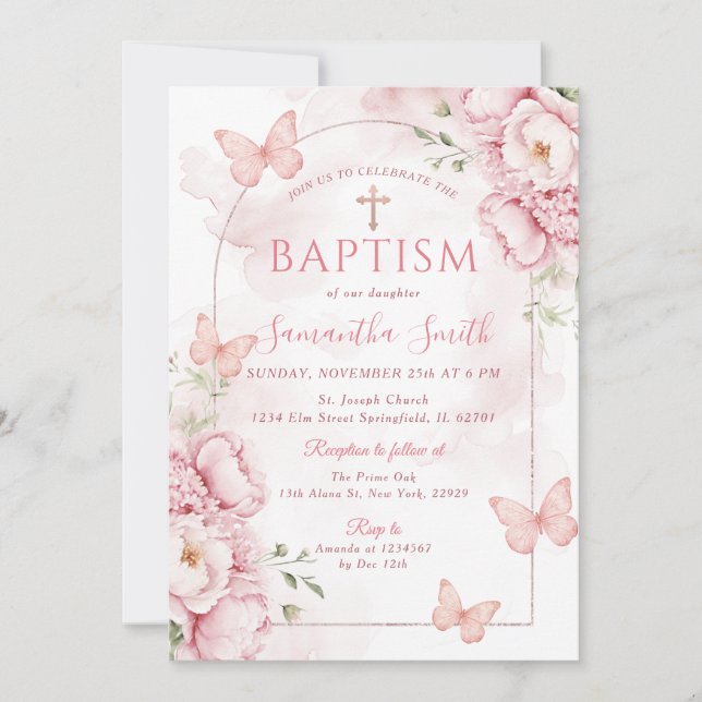Rosa blomsterdopinvitation med fjärilar inbjudningar (Framsida)