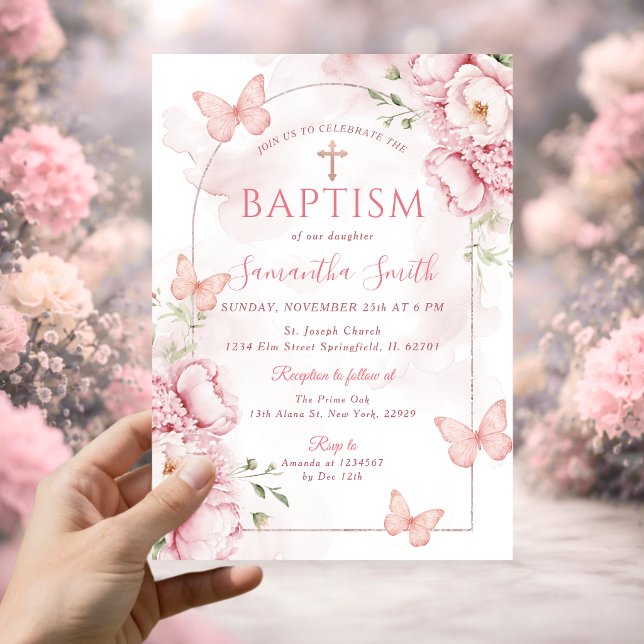 Rosa blomsterdopinvitation med fjärilar inbjudningar (Skapare uppladdad)