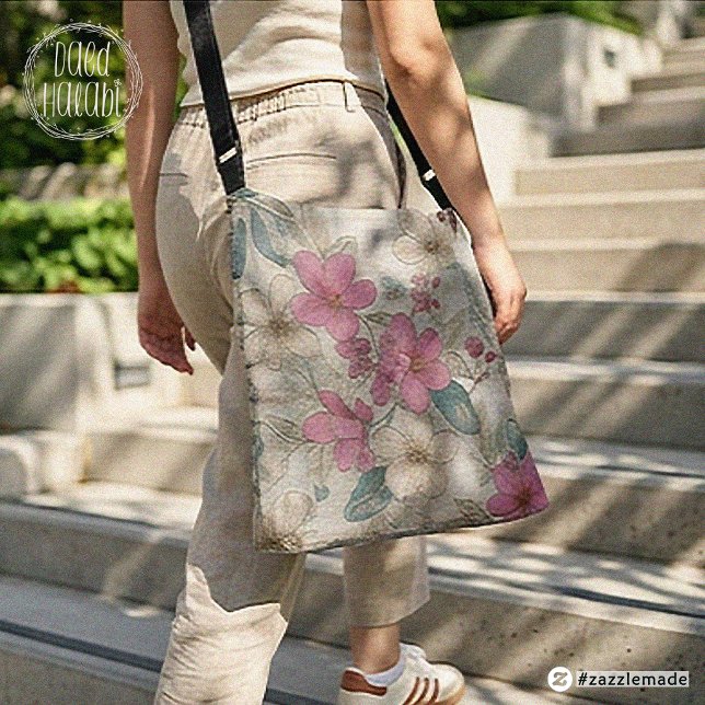 Rosa blomsterduk väskka tygkasse (Pink Blossom Floral Tote Bag (Large))