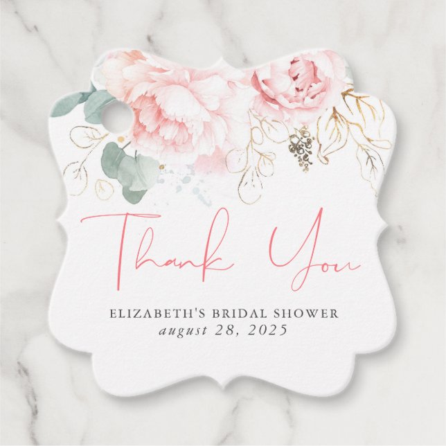 Rosa blomstereleganta tackkortstaggar gåvor etiketter (Framsida)