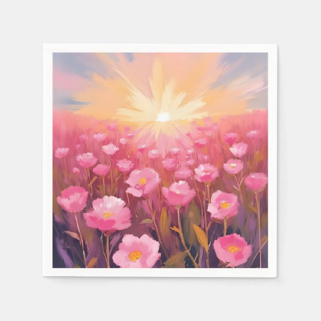 Rosa blomsterfält Vattenfärg Blommor Pappersservett (Framsidan)