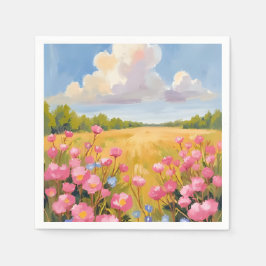 Rosa blomsterfältslandskapsmålning pappersservett