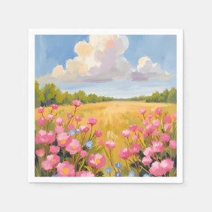 Rosa blomsterfältslandskapsmålning pappersservett