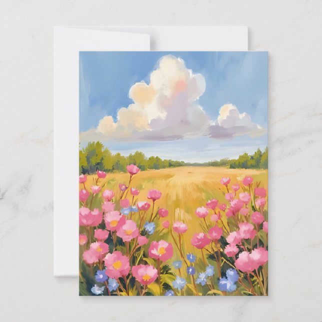 Rosa blomsterfältslandskapsmålning tack kort (Framsida)