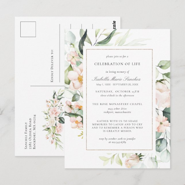 Rosa blomsterfirande av livets slutliga vilor post vykort (Fram/baksida)