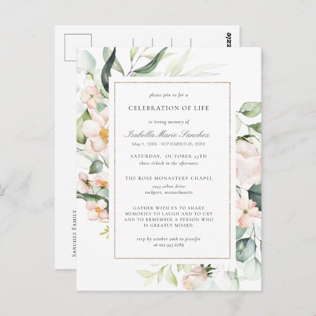 Rosa blomsterfirande av livets slutskede begravnin vykort (Fram/baksida)