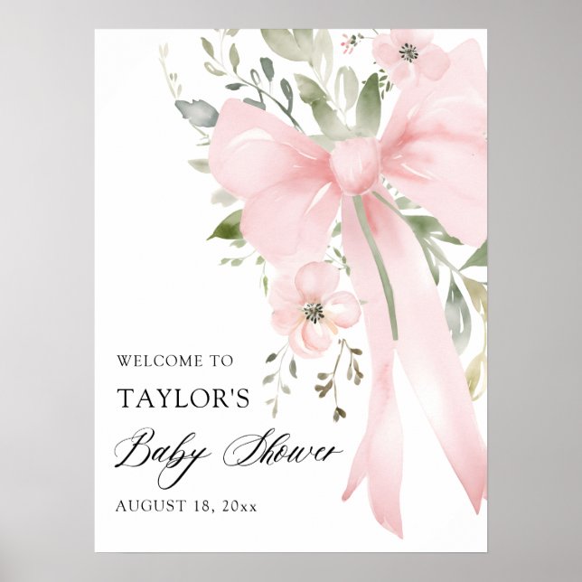 Rosa blomsterflicka baby shower välkomstskylt poster (Framsidan)