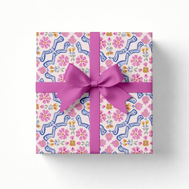 Rosa blomsterfolklig baby shower-presentpapper presentpapper (Skapare uppladdad)