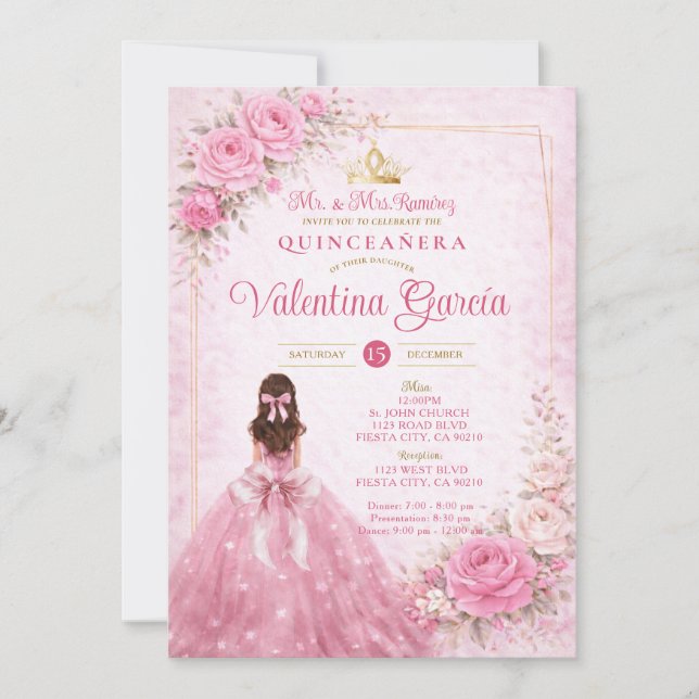 Rosa blomsterformad Quinceañera-rosafärgad prinses Inbjudningar (Framsida)