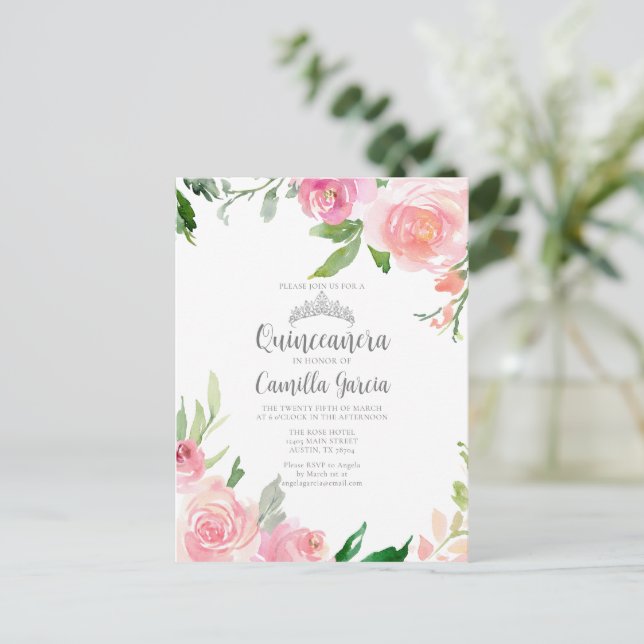 Rosa blomsterformad Quinceañera-silvertiara inbjud Vykort (Stående Fram)