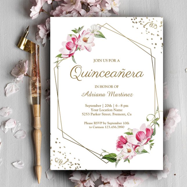 Rosa blomstergeometrisk guldram Quinceanera Inbjudningar (Skapare uppladdad)