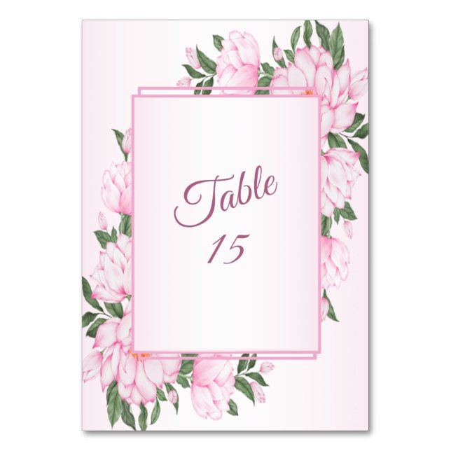 Rosa blomstergirlander Gröna blad Elegant bröllops Bordsnummer (Framsidan)