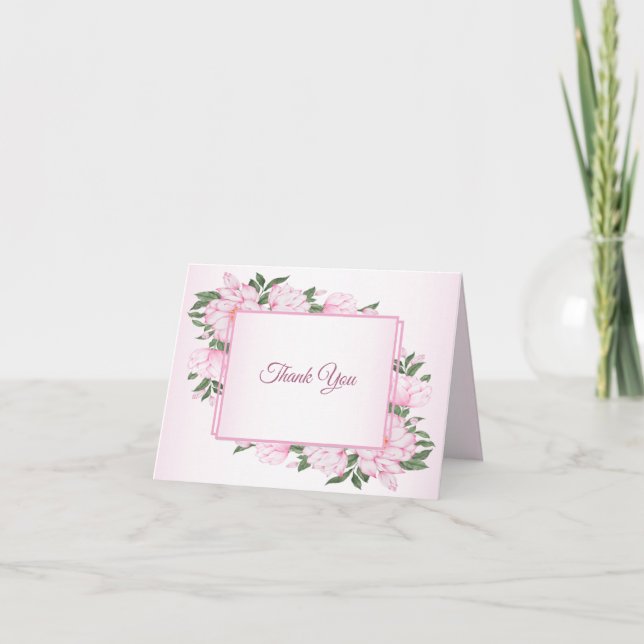 Rosa blomstergirlang gröna blad elegant bröllopsfe tack kort (Framsida)