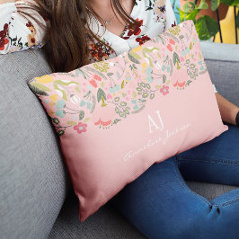 Rosa blomstergirlilik chic monogramnamn personlig prydnadskudde