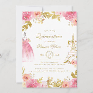 Rosa blomsterglasur Paris chic Quinceanera Inbjudningar