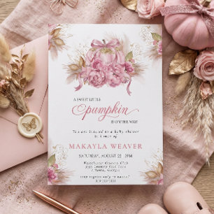 Rosa blomstergods liten pumpa boho-barnkalas inbjudningar