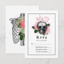 Rosa blomstergotisk skelettbröllop RSVP-kort