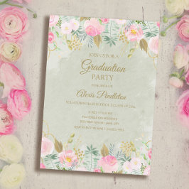 Rosa blomstergrön guld examensfest inbjudningar