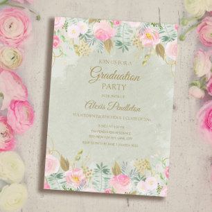 Rosa blomstergrön guld examensfest inbjudningar