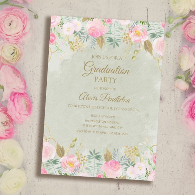 Rosa blomstergrön guld examensfest inbjudningar (Skapare uppladdad)