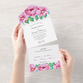 Rosa blomstergrönska bröllopsinbjudan allt i ett