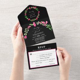 Rosa blomstergrönska Svart elegant bröllops-RSVP