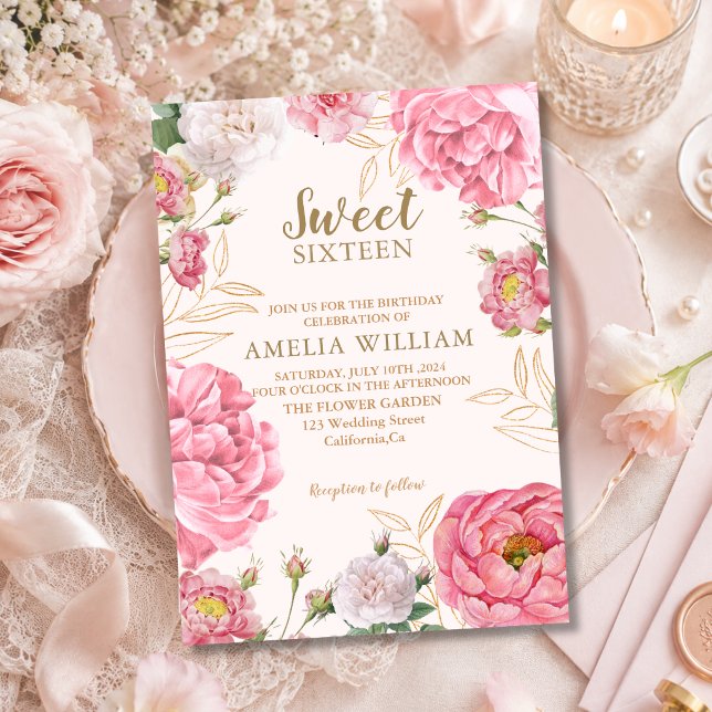 Rosa blomsterguld Sweet 16 rosenskär botanisk föde Inbjudningar (Skapare uppladdad)
